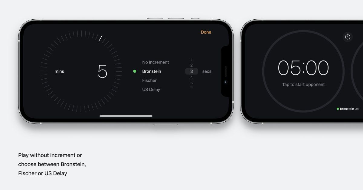 A mockup of different screens on a chess clock app