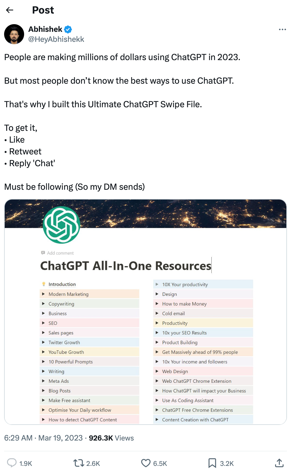 A picture of @HeyAbhishekk posting a quasi-giveaway with ChatGPT All-In-One Resources